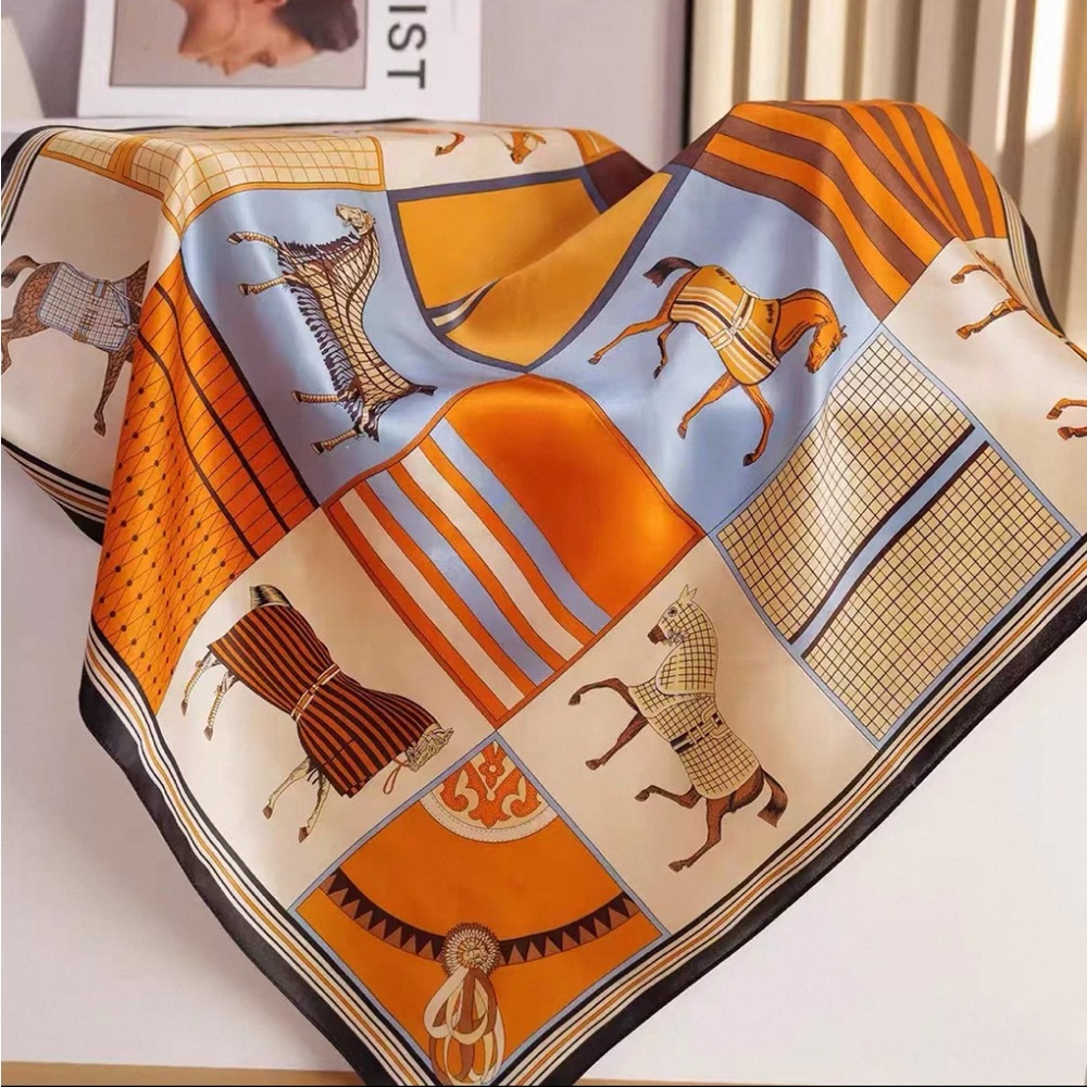 NWOT 100% silk scarf square bandana equestrian horse orange brown